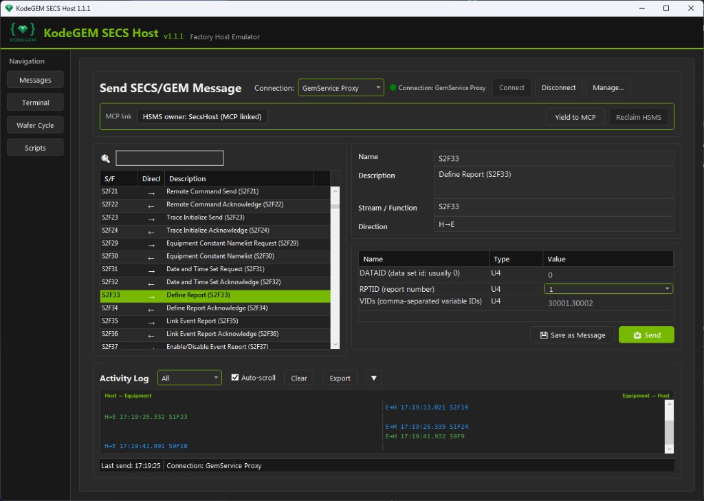 SecsHost Factory Host Emulator — Messages view with MCP linked, S2F33 Define Report editor, and activity log
