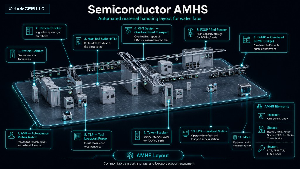Illustrated semiconductor fab AMHS layout identifying a reticle cabinet, reticle stocker, near-tool buffer, overhead hoist transport, FOUP and pod stocker, overhead purge buffer, autonomous mobile robot, tool load-port purge, tower stocker, load-port station, and equipment rack.
