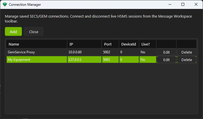 Connection Manager dialog listing saved SecsHost connections