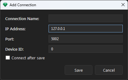 Add Connection dialog with IP, Port, Device ID, and Connect after save