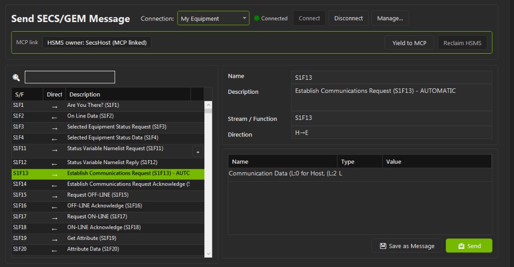 SecsHost connected with S1F13 Establish Communications Request selected