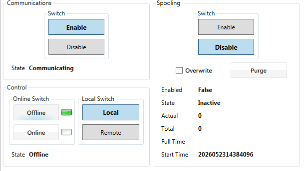 Equipment GEM UI showing Communications Communicating and Control Offline