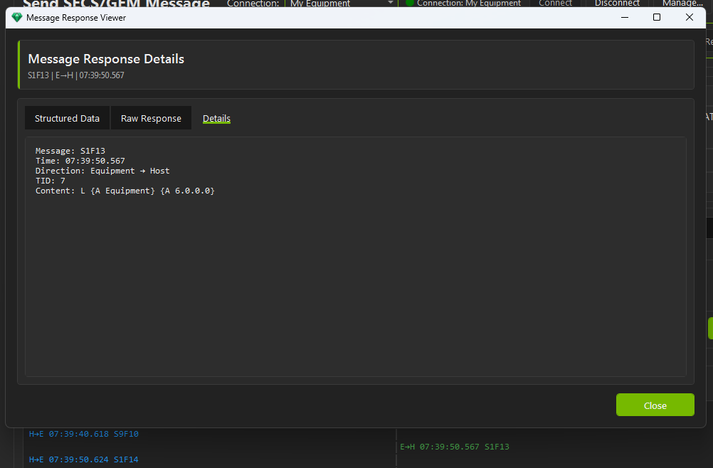 Message Response Viewer Details tab for an S1F13 from equipment