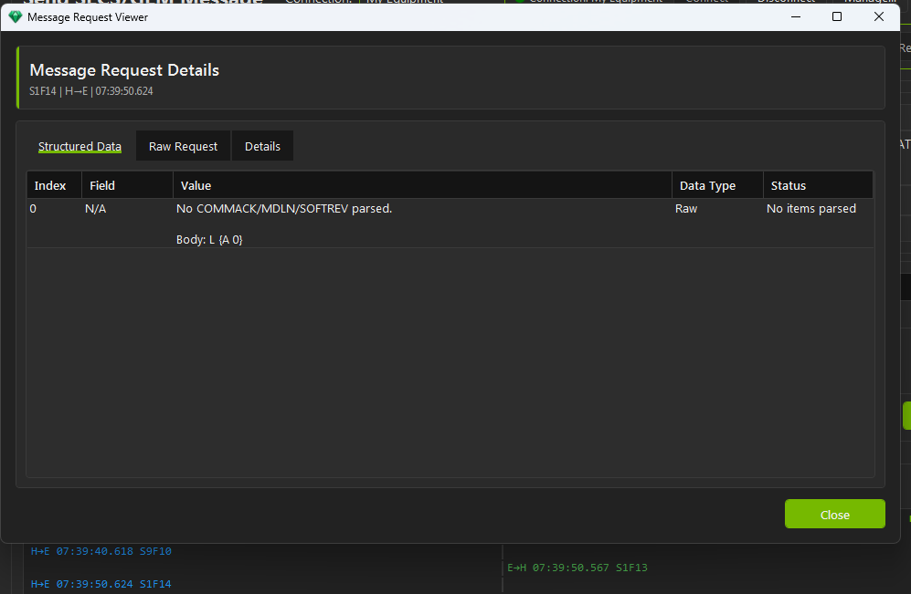Message Request Viewer Structured Data for host S1F14 acknowledge